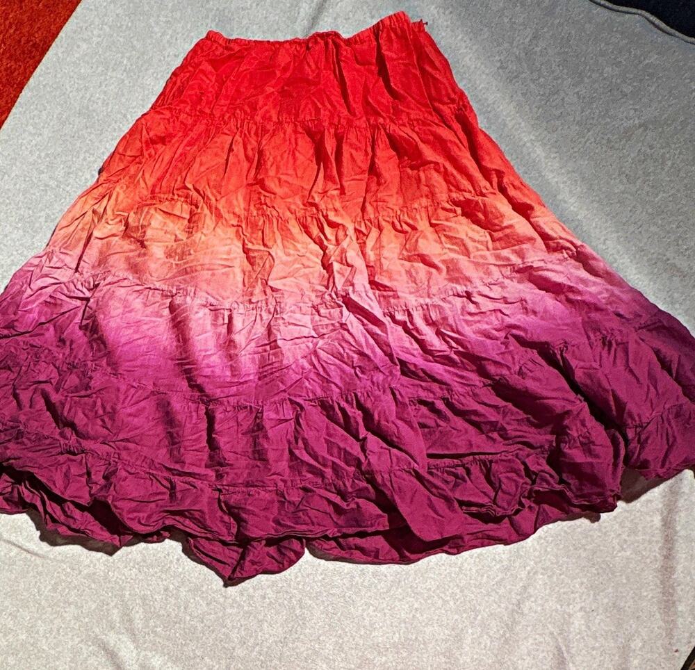 Kaktus Women’s Ombre Cotton Boho Skirt, Size L, Coral Pink Purple, Elastic Waist